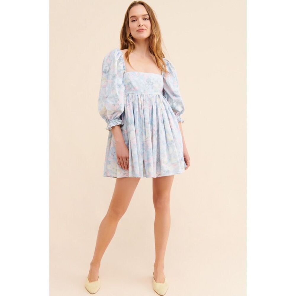 Selkie Mini Dress Monet Puff Floral Babydoll Watercolor Pastel Blue Pink Small